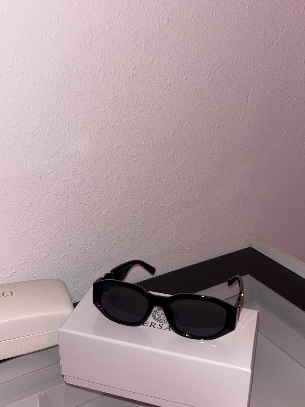 Versace Black Rectangular Sunglasses with Dark Lenses